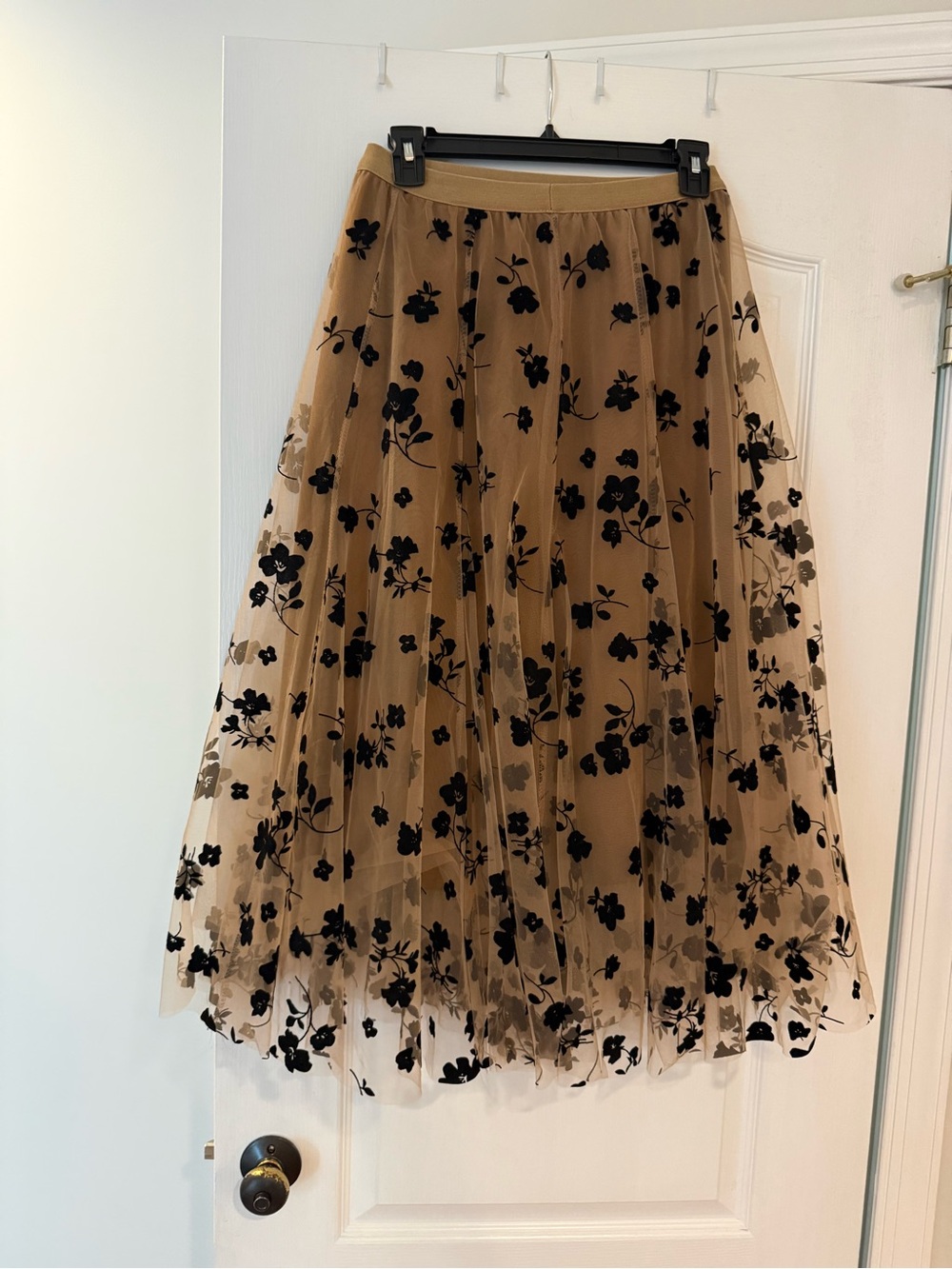 Wish Black Floral Flocked Maxi Skirt on Tan Sheer Base - Picture 3 of 3